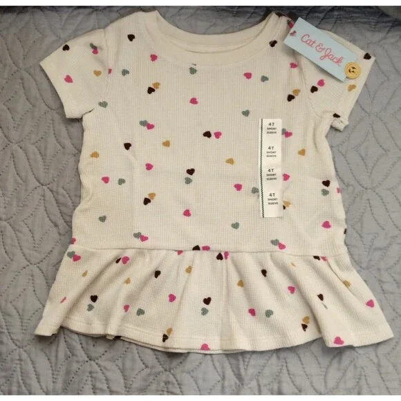 NWT, Cat & Jack Girls 4T Drop-Waist Shirt,  Cream With Mini Colored Hearts - Picture 3 of 9